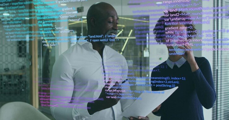 Lead holding report starting tech review with peer sipping coffee while code lines overlaying lobby