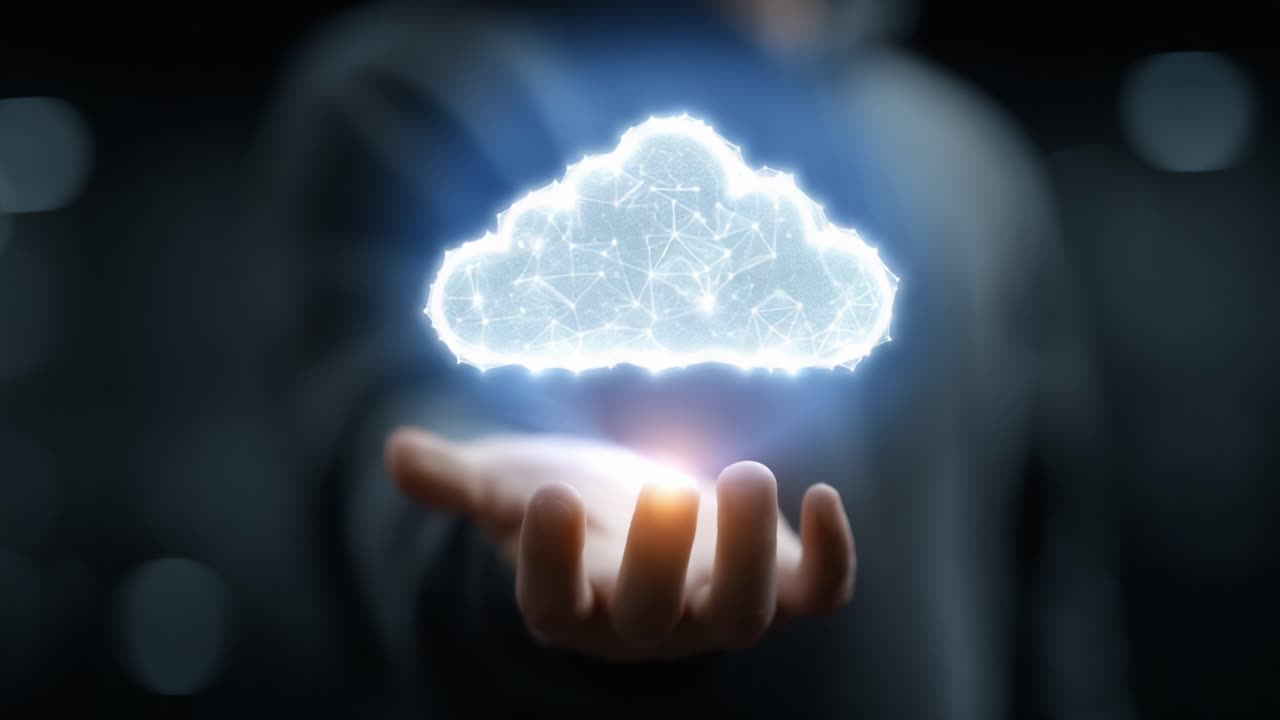 A person holding a glowing digital cloud symbolizing data storage, connectivity, and modern technology in their outstretched hand against a dark background