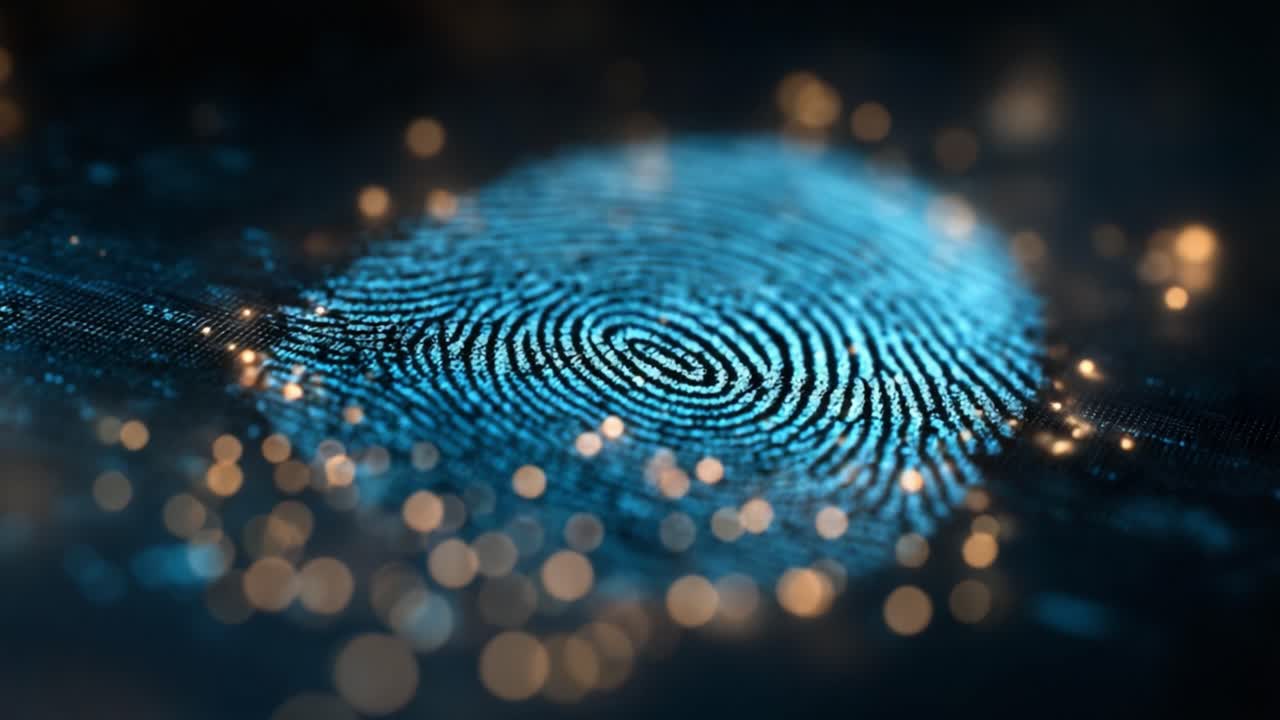 High-Definition Close-Up of a Blue Digital Fingerprint with Illuminated Highlights Depicting Advanced Biometrics and Security Technologies