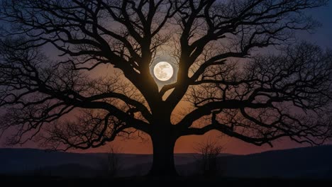 Majestic Tree Silhouette Against a Glowing Full Moon at Dusk: Nature&#039;s Serenity Captured in Two Stunning Frames