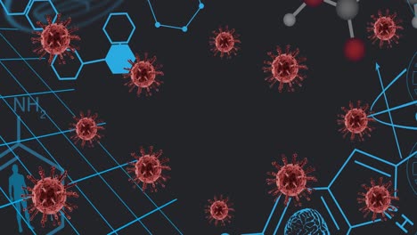 Animation-Von-Viruszellen-Und-Chemischen-Formeln-Auf-Schwarzem-Hintergrund