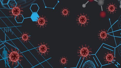 animación de células de virus y fórmulas químicas sobre un fondo negro
