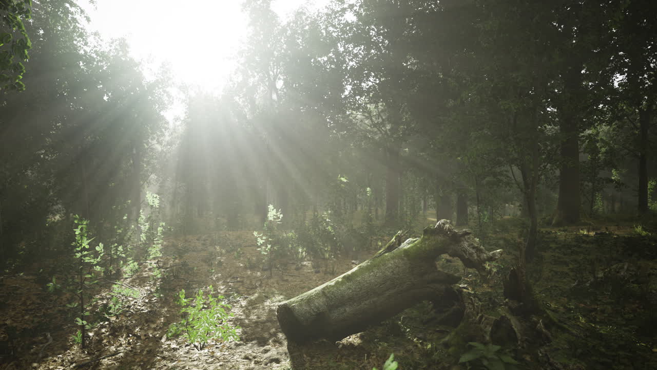 Sunlight filtering through trees in a serene forest grove during early morning