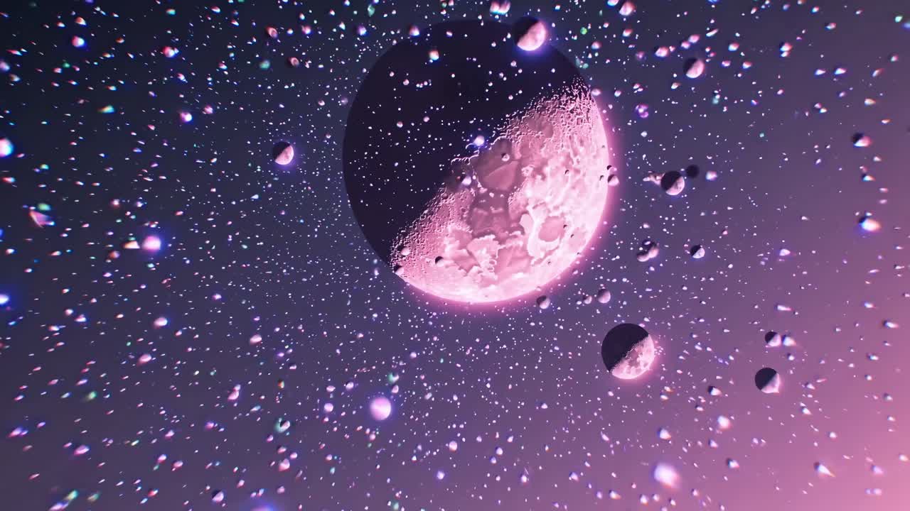 A cosmic scene with a pink moon and asteroids, viewed from a low angle