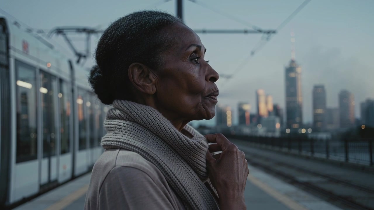 Adjusting knit scarf from dusk chill senior woman wearing coat standing platform by tram