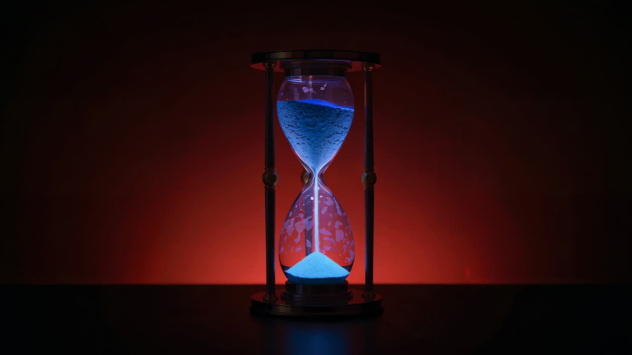 Starting timer glass hourglass releasing flowing blue sand on dark tabletop, marking elapsed time