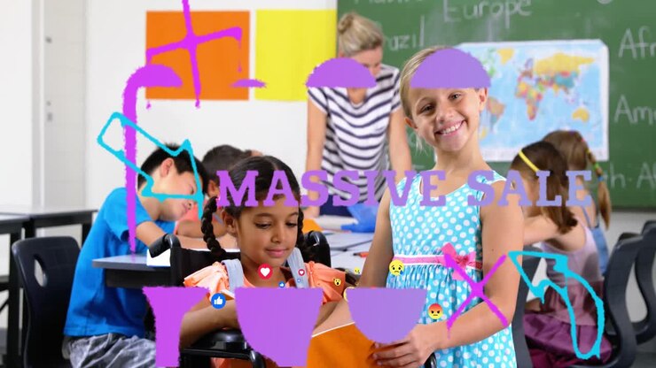 Animation of massive sale text and emoji icons over diverse schoolchildren