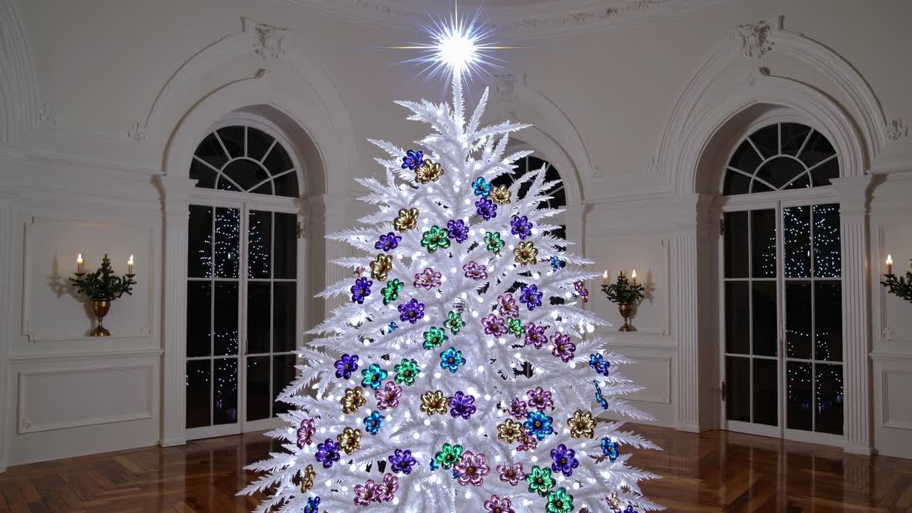 Festive white Christmas tree glowing with colorful ornaments and lights, standing in elegant room with arched windows creating magical holiday atmosphere