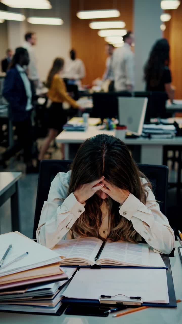 Una donna stressata a una scrivania piena di carte e post-it, ripresa dal basso.