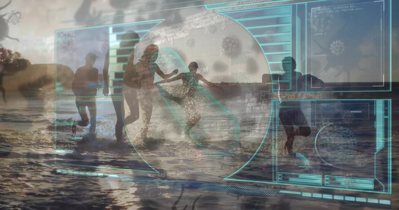Animation of covid 19 virus cells over screen with data and diverse friends on beach