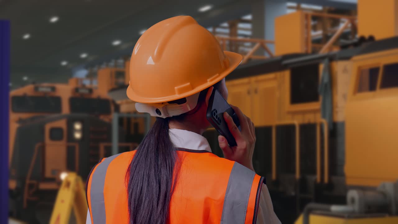 Inquadratura ravvicinata da dietro di un'ingegnera asiatica con casco di sicurezza che parla al telefono mentre è in piedi, ingegneri addetti alla manutenzione dei treni in un deposito