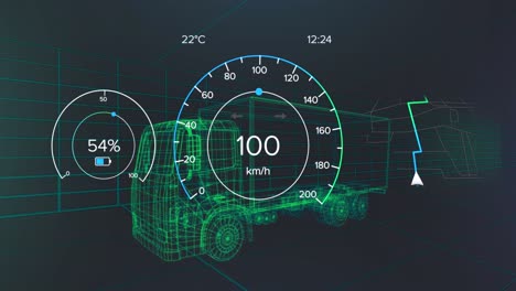 Animation-of-speedometer,-gps-and-charge-status-data-on-vehicle-interface,-over-3d-truck-model