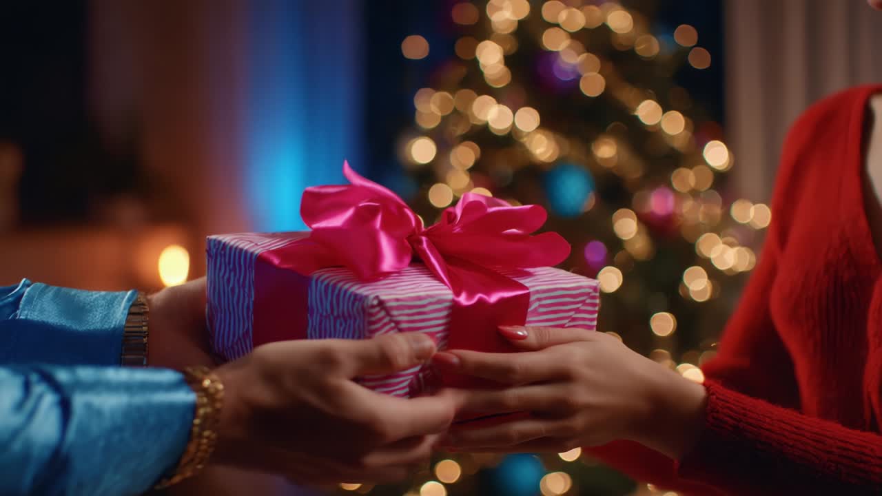 A Heartwarming Gift Exchange Under a Festively Decorated Christmas Tree, Emphasizing the Joy and Anticipation of Celebrating Special Moments with Loved Ones During the Holiday Season