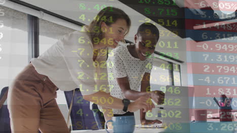 two people collaborating over financial data processing animation in modern office