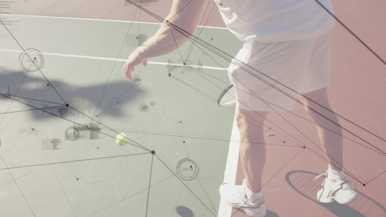 man hitting tennis ball on hard court, with floating sports analytics graph and trajectory line