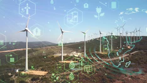 aerial view over the farm landscape and wind turbines generating clean renewable energy