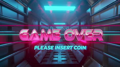animación del juego sobre texto en letras metálicas rosadas sobre túnel con luces de neón azules