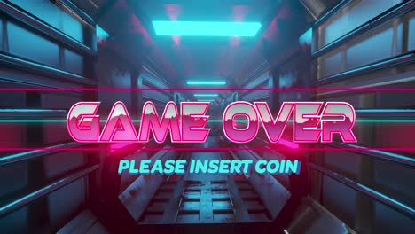 animation of game over text in pink metallic letters over tunnel with blue neon lights