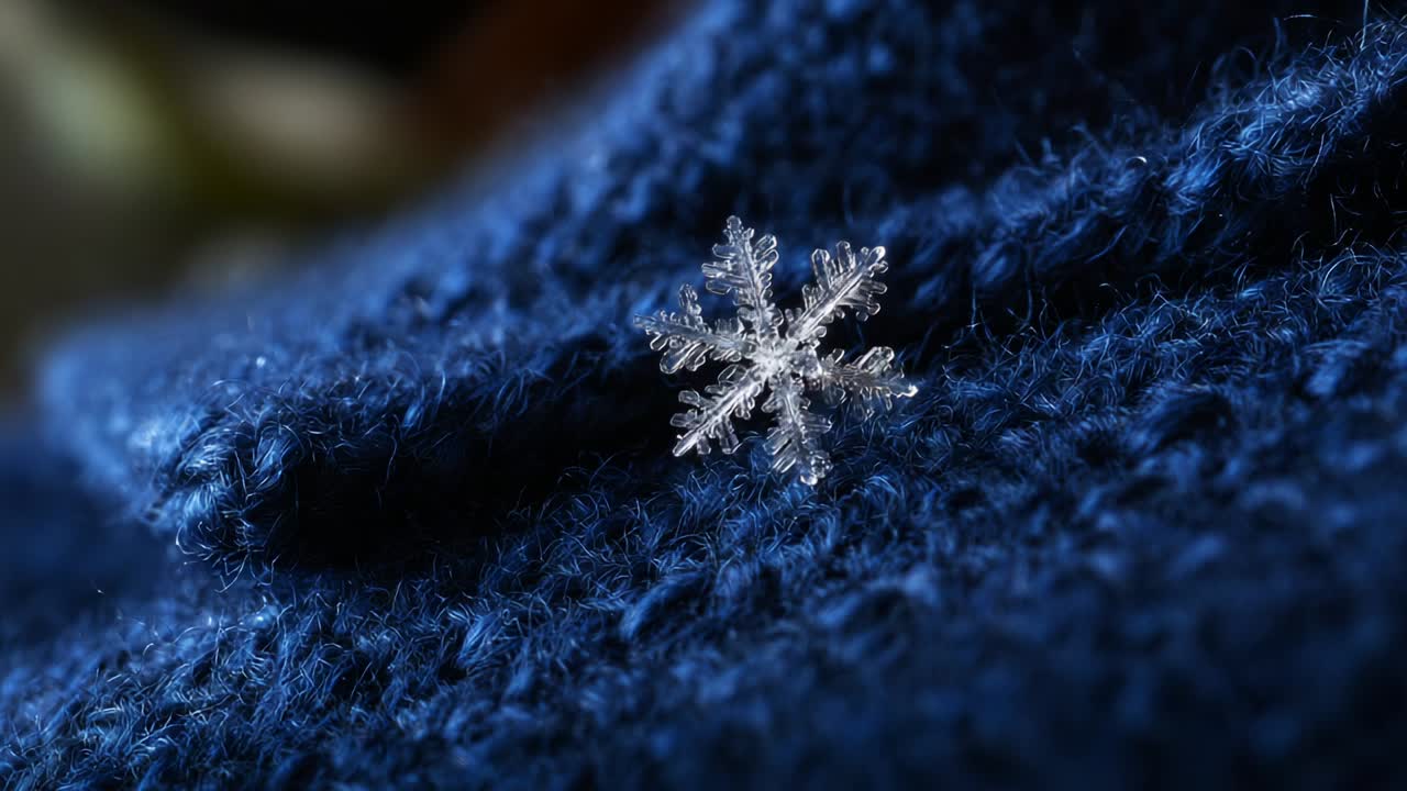 A Beautiful Close-Up of a Delicate Snowflake Resting on a Cozy Blue Knit Fabric, Showcasing the Intricate Design and Crystalline Structure of Winter's Unique Marvels in Nature