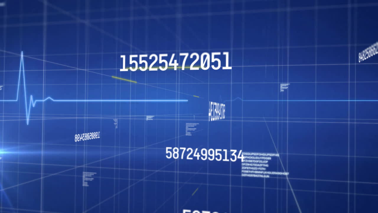 Animation of data processing over heartbeat monitor and grids on blue background