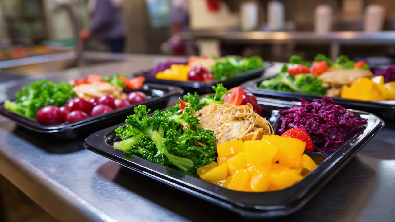 Pasto colorato e nutriente: piatti salutari con verdure fresche, frutta e proteine magre in una cucina moderna, pronti da servire