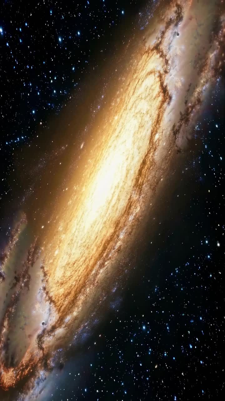 Un fermo immagine video ipnotico di una galassia a spirale, catturato da un angolo inclinato, che mette in mostra stelle luminose
