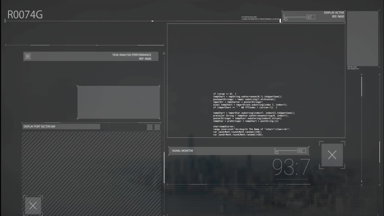 animación de interfaces con fallas en el procesamiento de datos en fondo oscuro