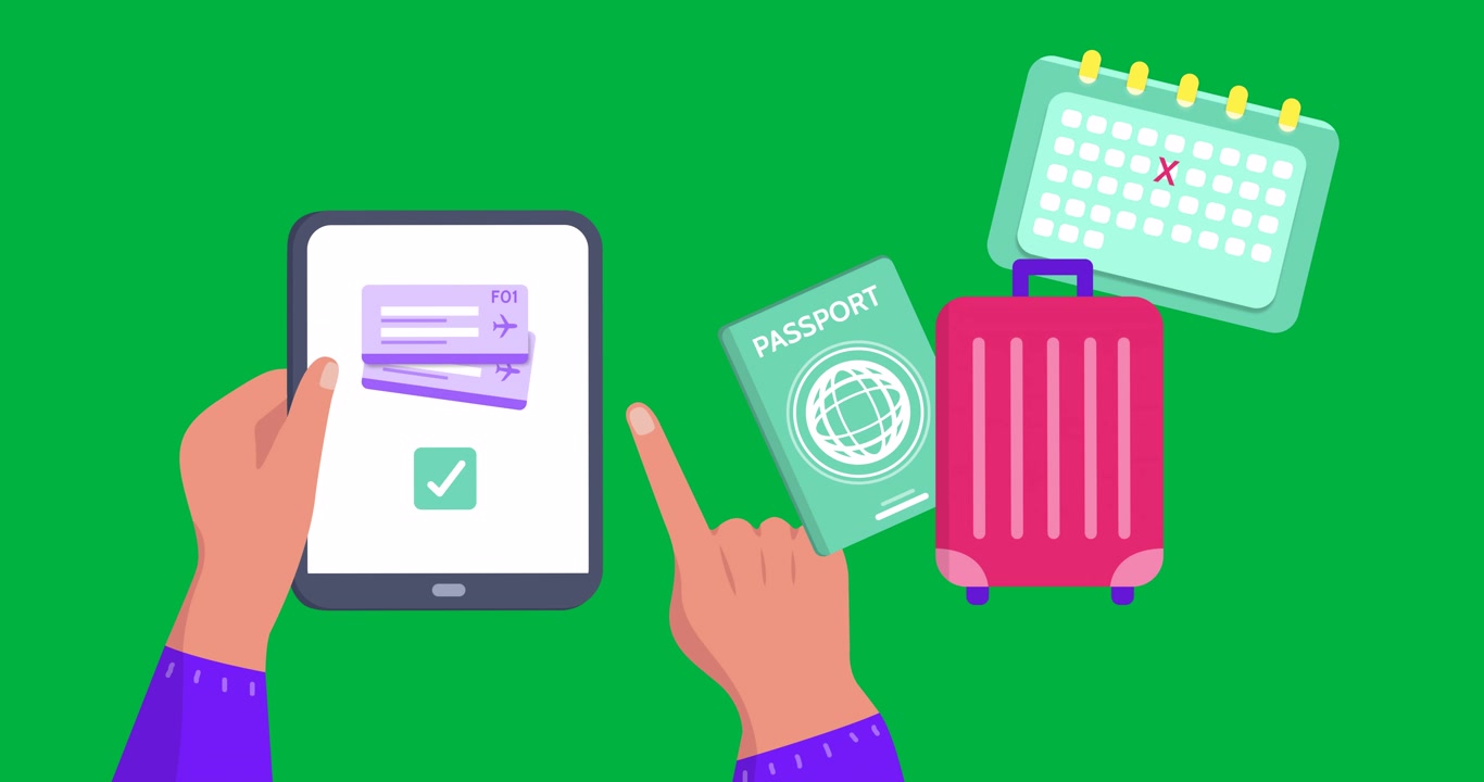 Animation of tablet, calendar, suitcase, passport, tickets and camera on transparent background