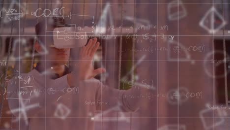 animación de ecuaciones matemáticas sobre un hombre biracial usando auriculares vr