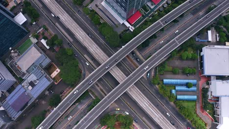 overhead view of motorway in the modern city of kuningan in kecamatan setiabudi, jakarta indonesia