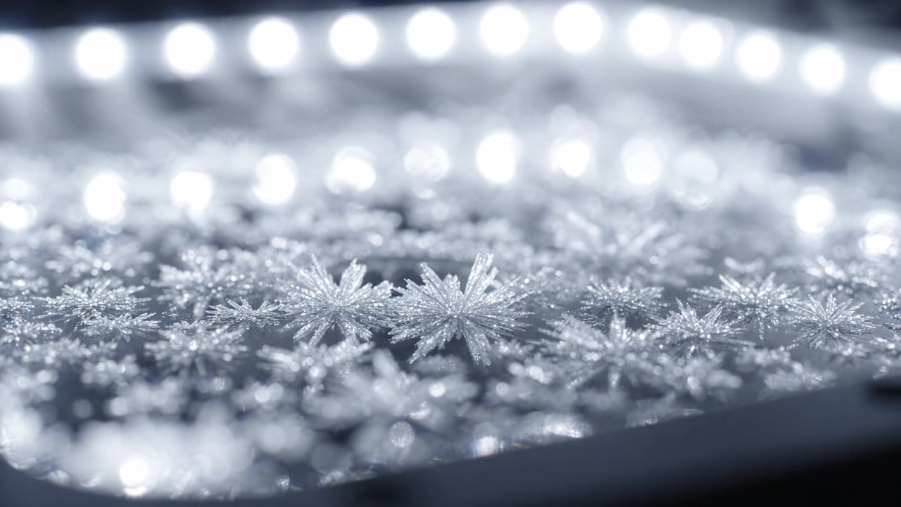 Intricate Close-Up of Frosty Snowflakes on a Flat Surface Illuminated by Soft LED Lights Capturing the Beauty and Detail of Winter's Icy Artistry