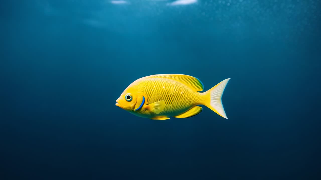 Drifting single bright yellow fish swimming slowly rightward in blue sea, showing sunlit particles