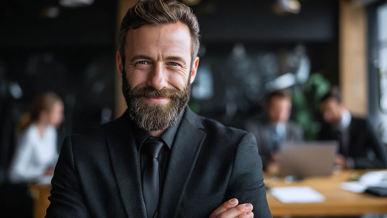 A Confident Businessman Smiling in a Modern Office Environment, Capturing Professionalism and Success in a Collaborative Workplace Setting