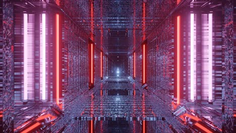 motion graphics sci fi: travel inside futuristic long pink and red speckled mirrored glass square tunnel with tiled floor, ceiling and walls towards bright white blinking lights