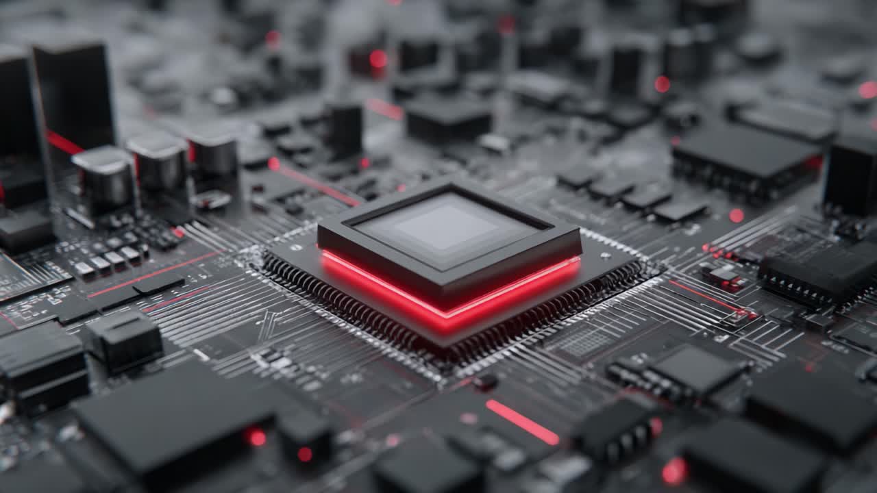 Intrikat nærbillede af en højteknologisk mikrochip omgivet af et komplekst printkort med belyste elementer, der afspejler avanceret teknologi