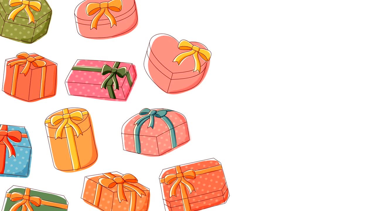 Gift box icon moving pattern background cartoon kids hand drawing illustration, Happy Birthday concept design isolated on white background seamless looping animation 4K, with center copy space