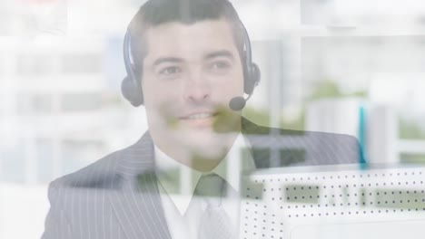 Animation-of-businessman-talking-using-phone-headset-over-cityscape