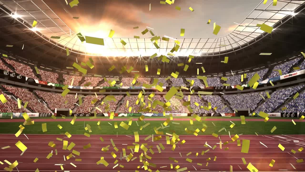 스포츠 경기장 위로 떨어지는 콘페티의 애니메이션