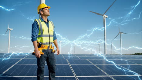 engineer overseeing solar and wind energy production with electrical effects