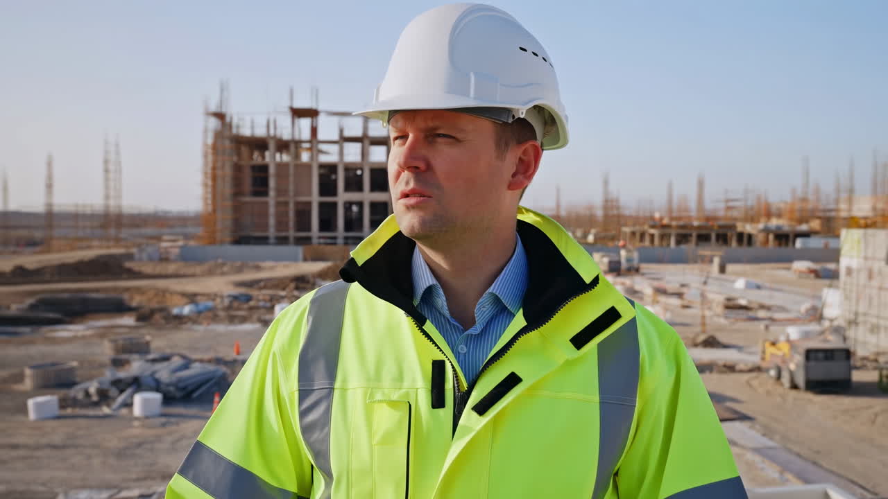 Caucasian Site Manager Surveying Construction Site In Highvisibility Jacket And White Helmet, Overseeing