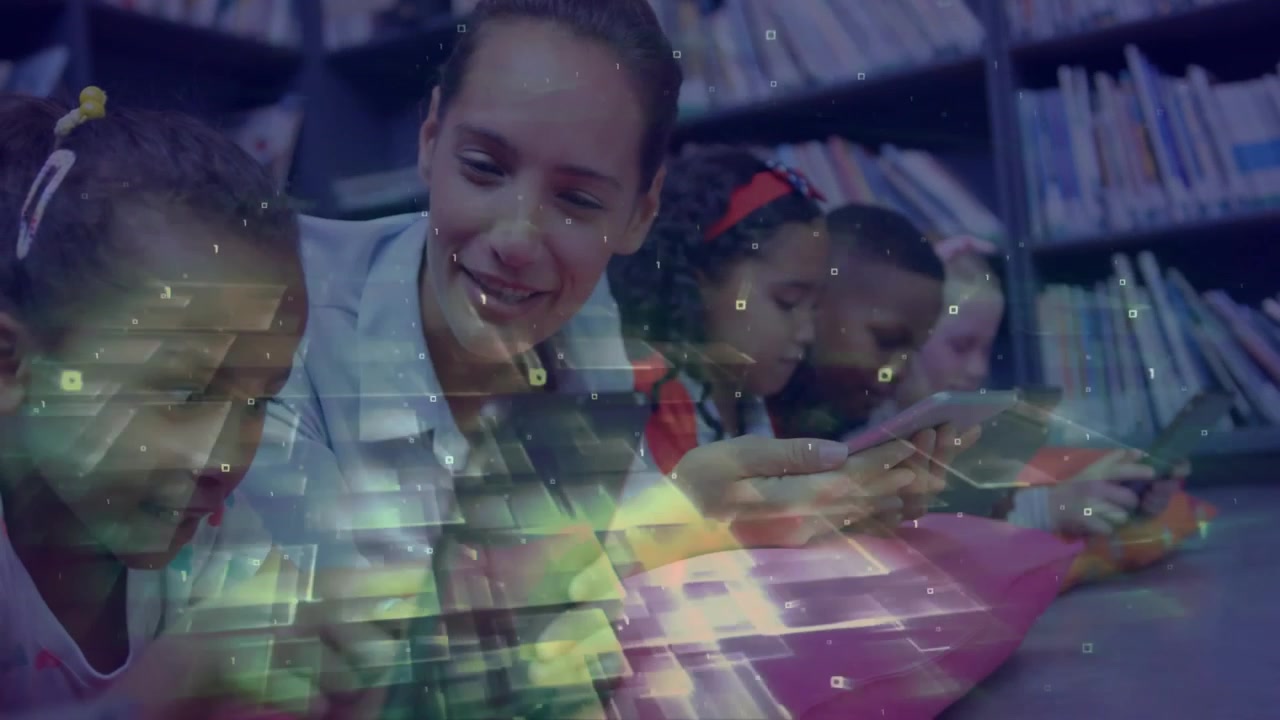 Teacher tapping phone guiding kids tapping tablets in library with circuits boosting learning