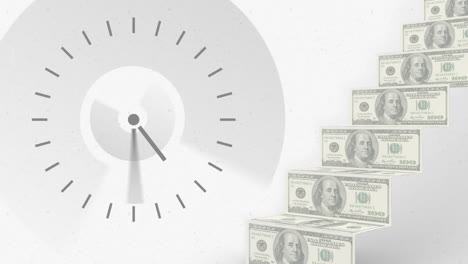 digital animation of clock ticking and steps of american dollars bills against grey background