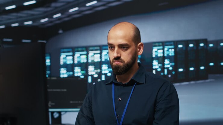 IT-professionel skriver kode på pc for at reparere datalagringsfacilitetsracks