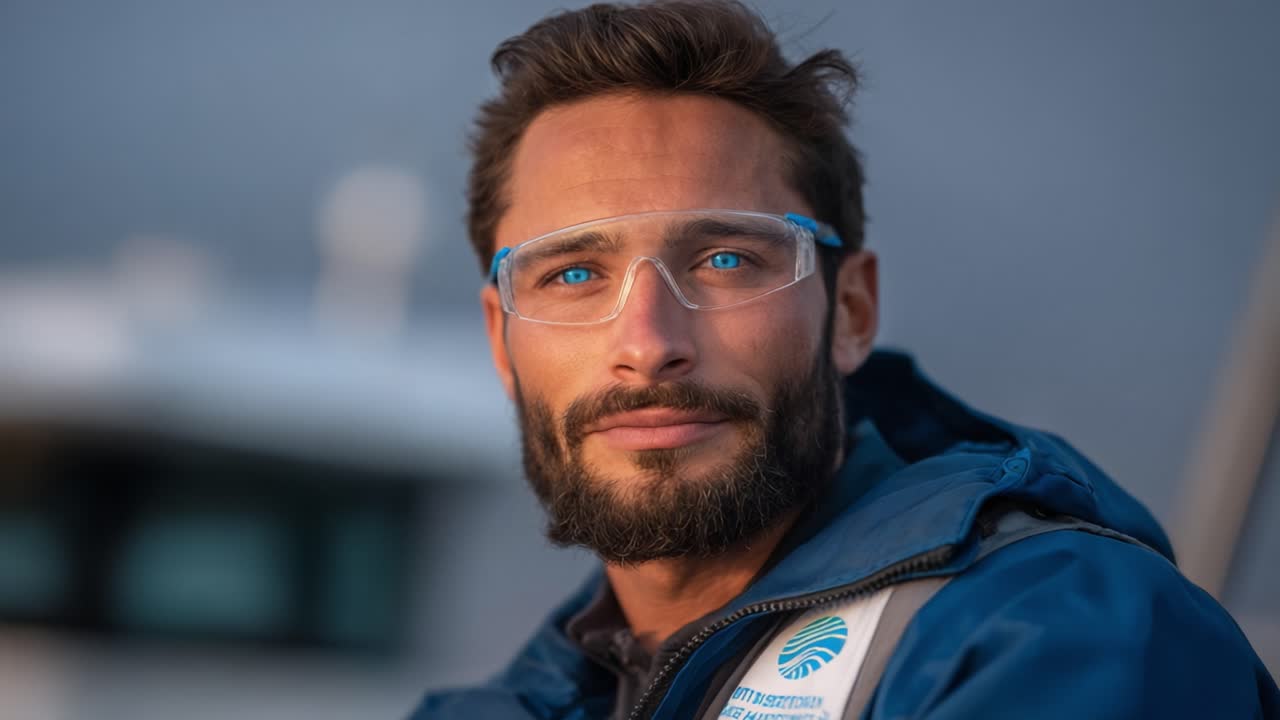 Focused and Confident: A Portrait of a Man with Blue Eyes and Protective Gear, Showcasing Professionalism and Determination in a Maritime Environment