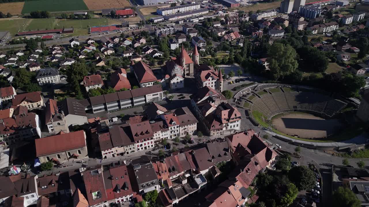 Roman Amphitheater of Avenches Switzerland aerial drone medieval town landmark
