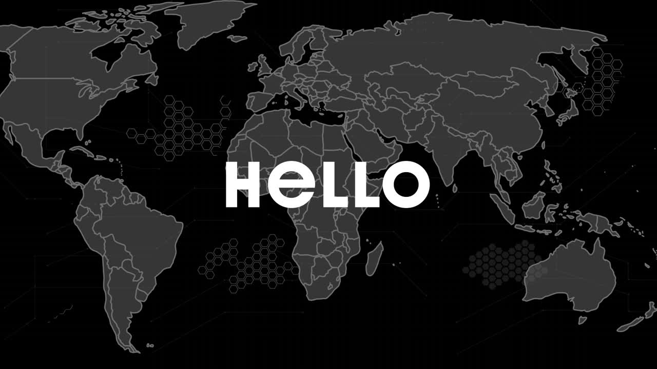Animation of hello text over world map on dark background