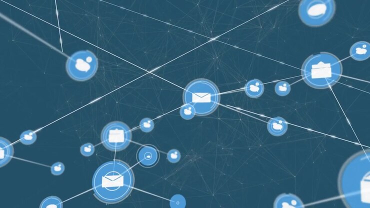 Digital illustration shows tech connections on a blue background.