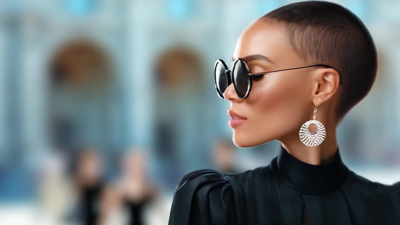 Splendido ritratto elegante di una modella sicura di sé con capelli corti e accessori audaci all'aperto, catturato su uno sfondo architettonico leggermente sfocato.