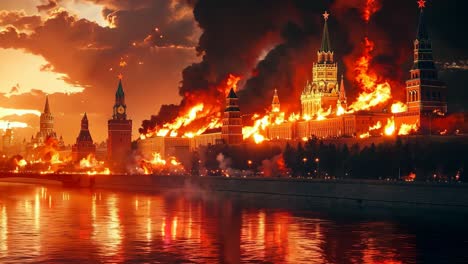 a large building on fire in the middle of a city