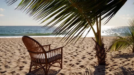 empty beach chair under a palm tree on a sunny tropical beach